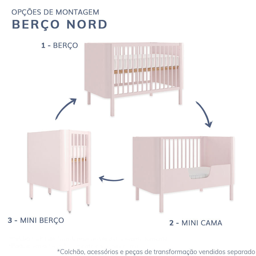 Berço Nord 3 em 1 - Rosa