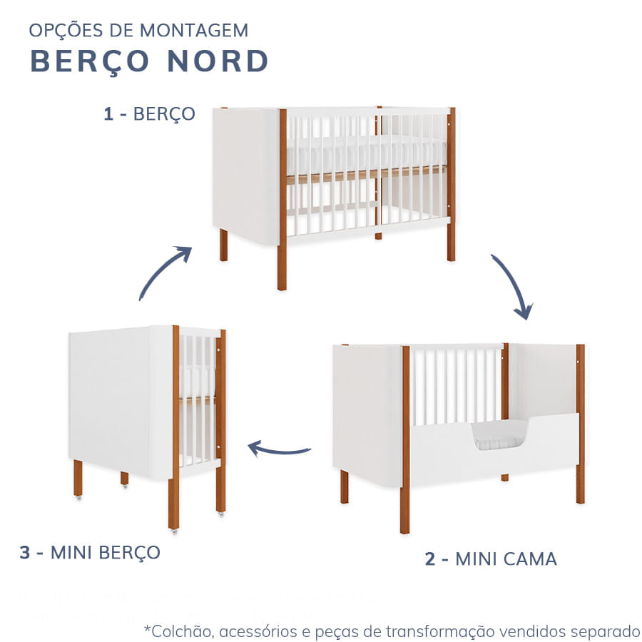 Berço Nord 3 em 1 - Branco Com Pé Jequitibá