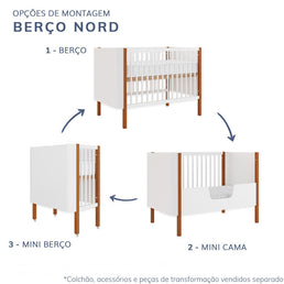 Berço Nord 3 em 1 - Branco Com Pé Jequitibá
