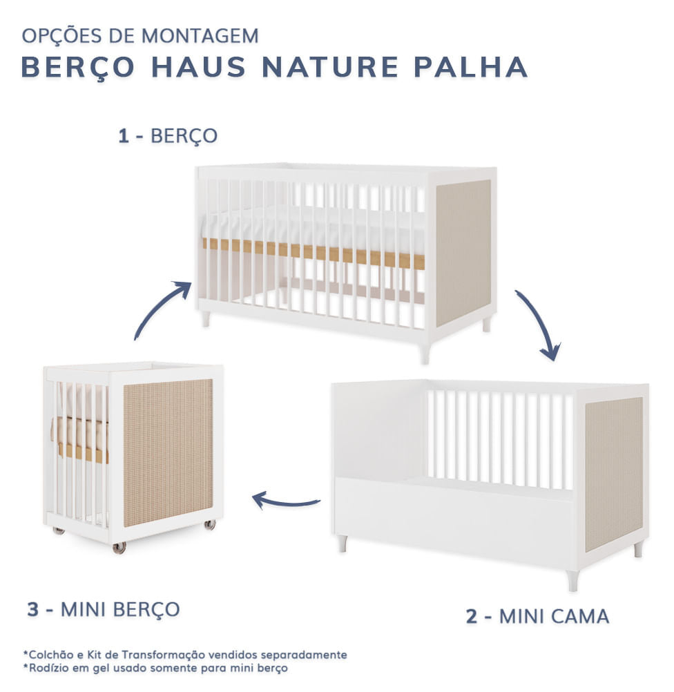 Berço Haus Nature Com Palha 3 em 1 - Branco