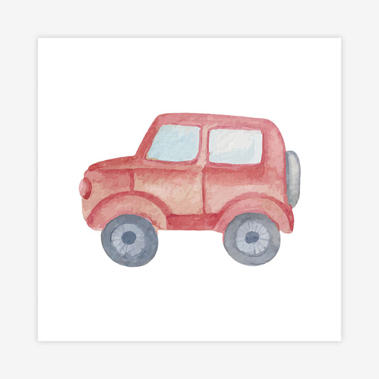 Quadro Infantil Jipe Aquarela Vermelho - Quadrado