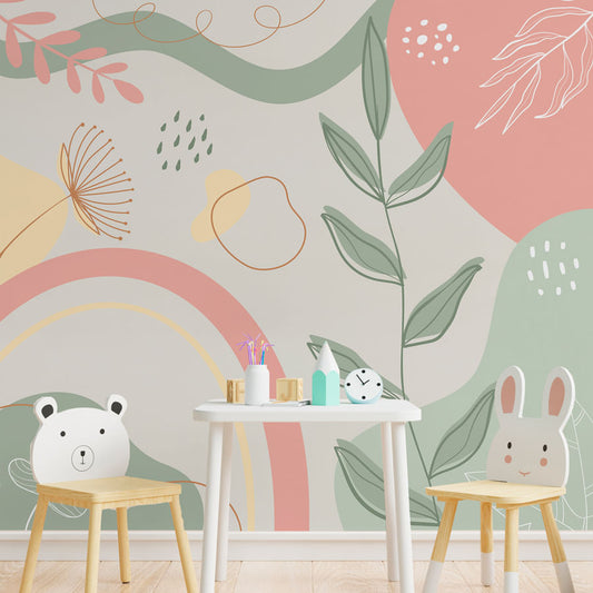 Papel de Parede Infantil Abstrato Folhas Tons Terrosos - Mural