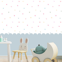 Papel de Parede Infantil Corações Coloridos com Cerca Azul - Mural