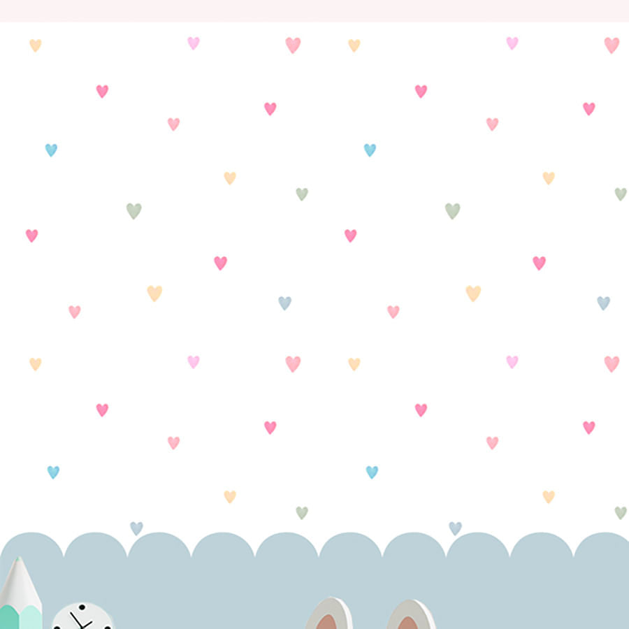 Papel de Parede Infantil Corações Coloridos com Cerca Azul - Mural