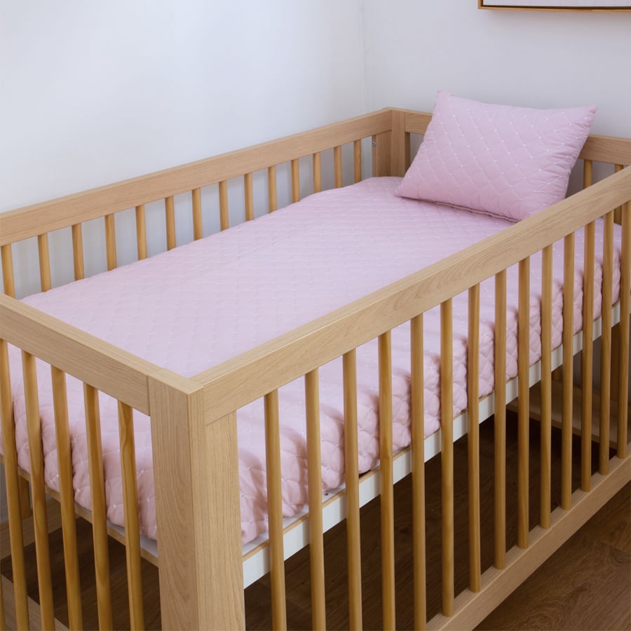 Colcha Com Elastico Para Berço Quadradinho Poá - Rosa Nuvem