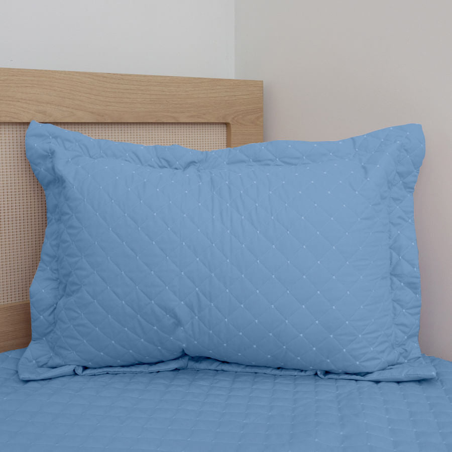 Porta Travesseiro Solteiro Quadradinho Poá - Azul Claro