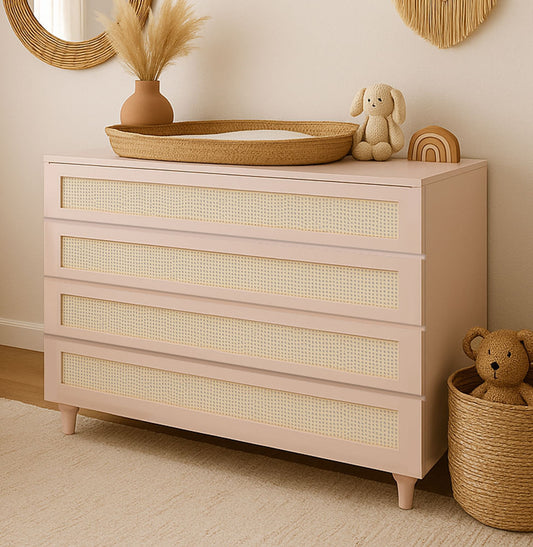 Cômoda de Bebê Haus Nature com Palha e 4 Gavetas Rosa 110cm