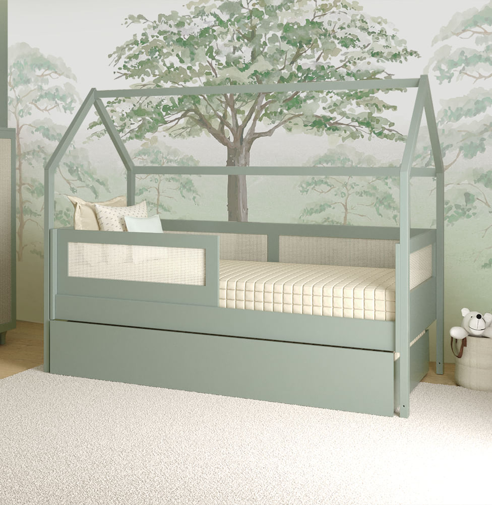 Combo Cama Sofá Haus Nature Casinha Com Palha 2 em 1 Com Auxiliar - Verde Jardim