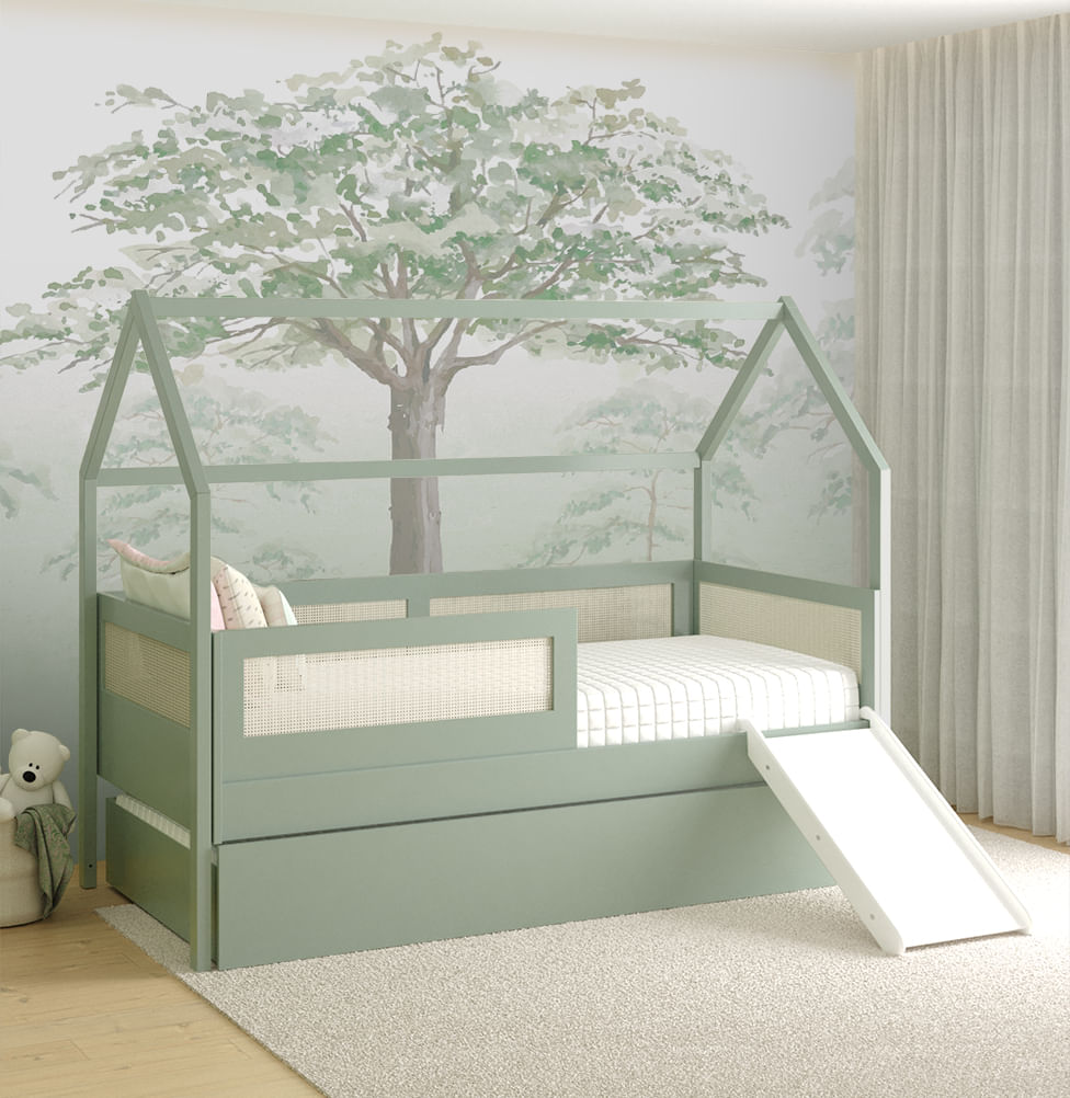 Combo Cama Sofá Haus Nature Casinha Com Palha 2 em 1 Com Cama Auxiliar e Escorregador - Verde Jardim