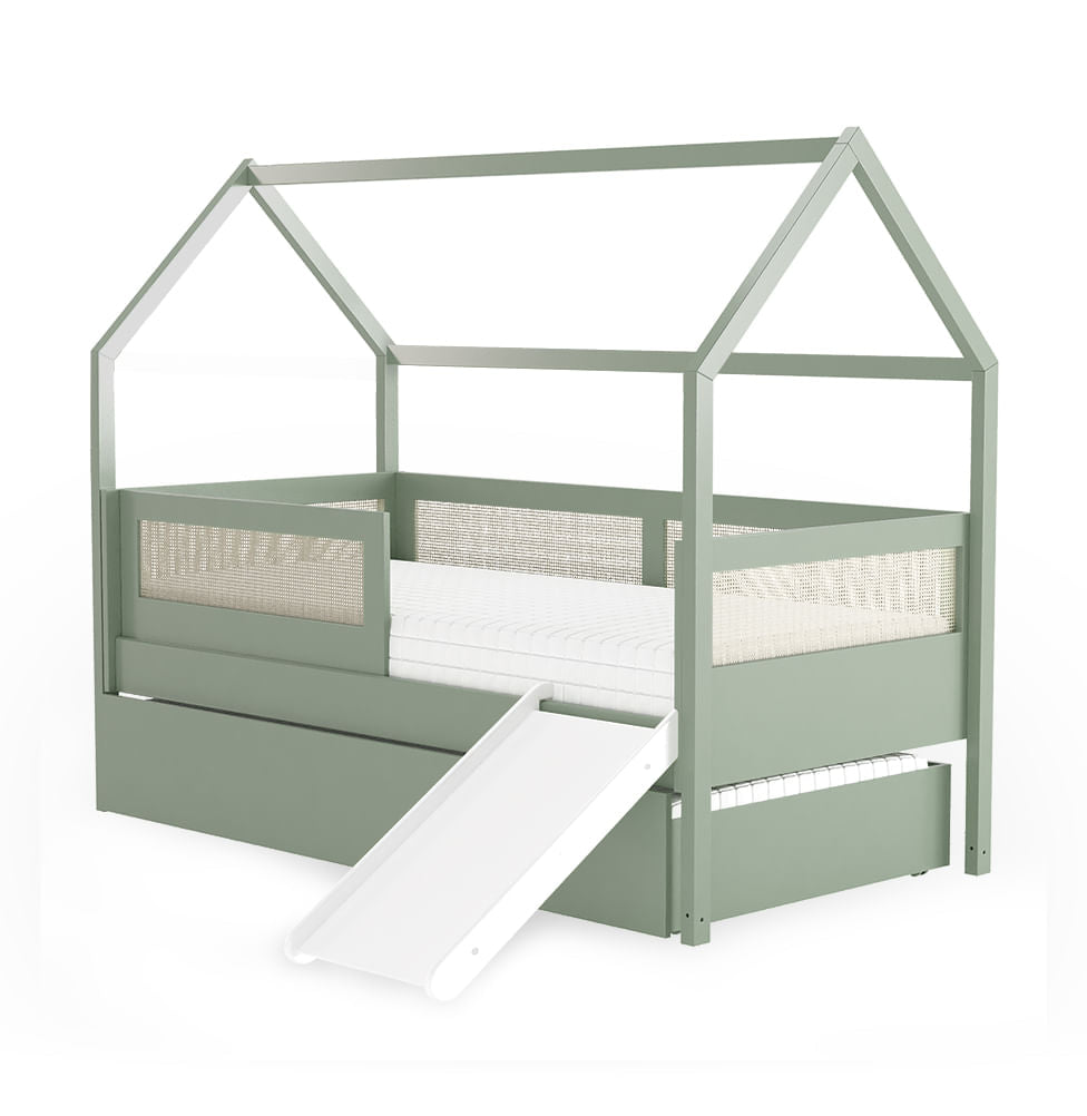 Combo Cama Sofá Haus Nature Casinha Com Palha 2 em 1 Com Cama Auxiliar e Escorregador - Verde Jardim