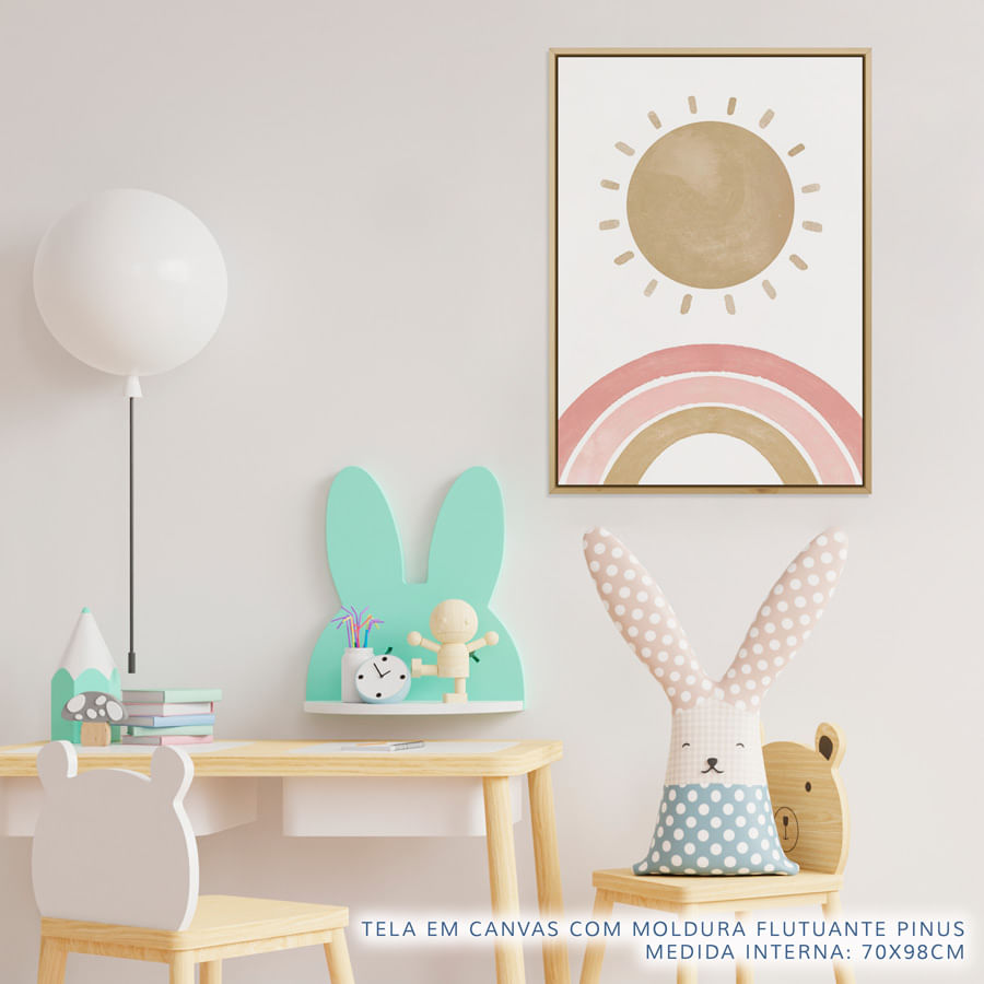 Quadro Infantil Arco Íris Com Sol Aquarela - Vertical