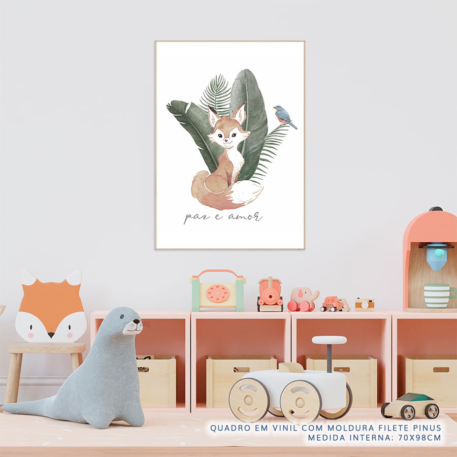 Quadro Infantil Raposa Paz e Amor Coral - Vertical