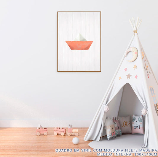 Quadro Infantil Barquinho de Papel Coral - Vertical