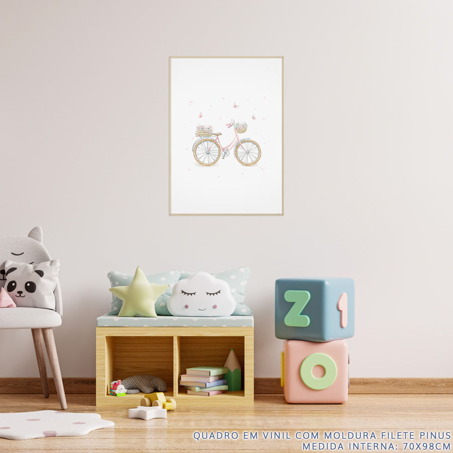 Quadro Infantil Jardim Bicicleta Rosa - Vertical