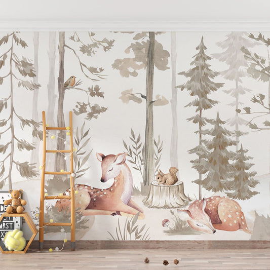 Papel de Parede Infantil Cervo na Floresta Bege - Mural