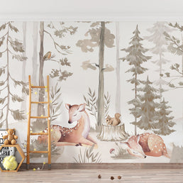 Papel de Parede Infantil Cervo na Floresta Bege - Mural