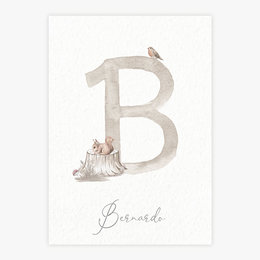 Quadro Infantil Inicial Esquilo na Floresta Bege - Vertical