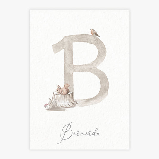 Quadro Infantil Inicial Esquilo na Floresta Bege - Vertical