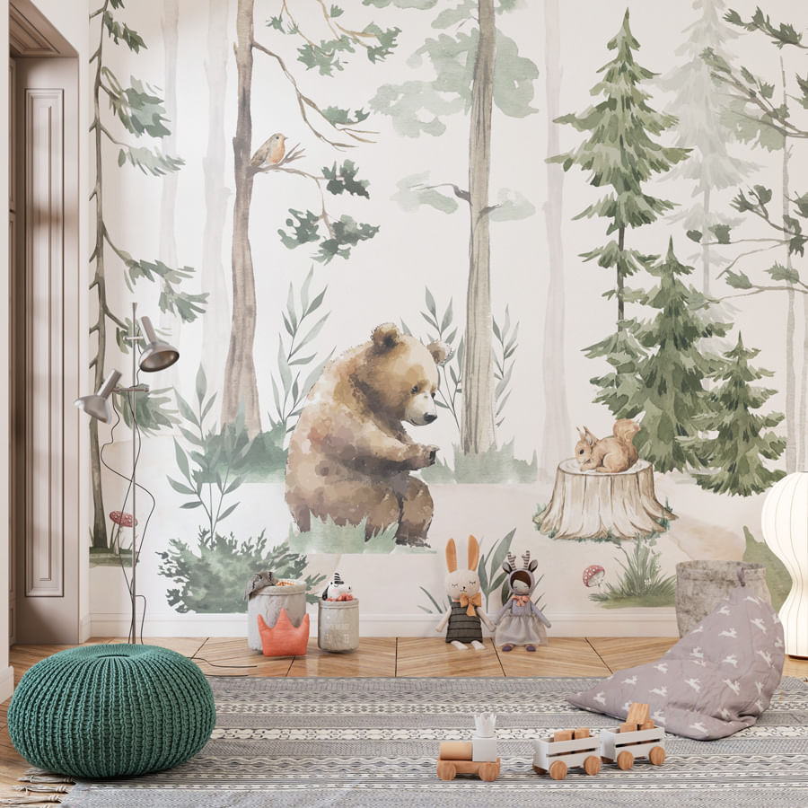 Papel de Parede Infantil Urso na Floresta Verde - Mural