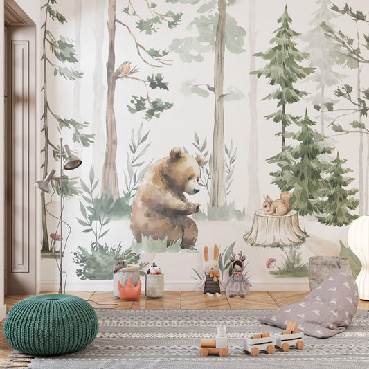 Papel de Parede Infantil Urso na Floresta Verde - Mural