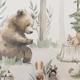Papel de Parede Infantil Urso na Floresta Verde - Mural