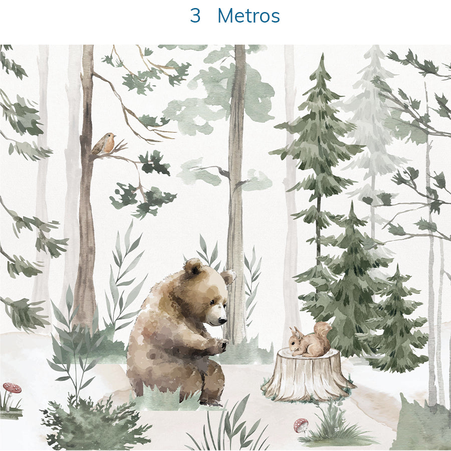 Papel de Parede Infantil Urso na Floresta Verde - Mural
