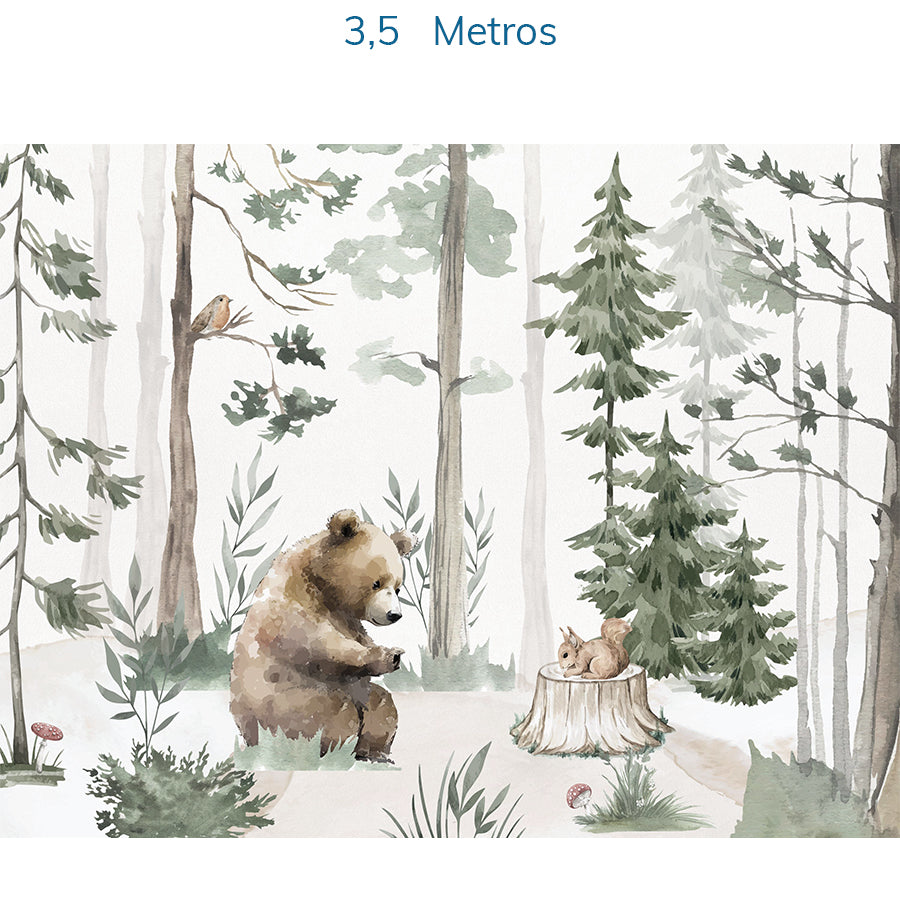 Papel de Parede Infantil Urso na Floresta Verde - Mural