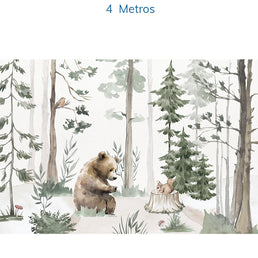 Papel de Parede Infantil Urso na Floresta Verde - Mural