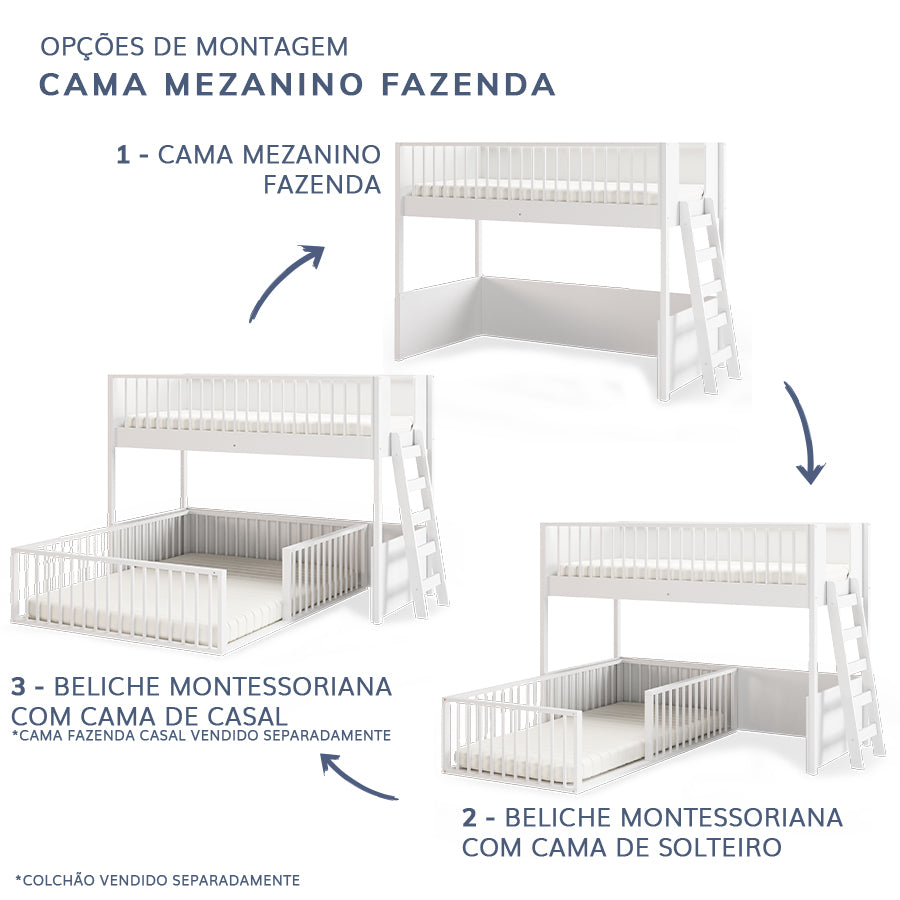 Beliche Infantil Montessoriana Com Cama de Solteiro Fazenda - Branco
