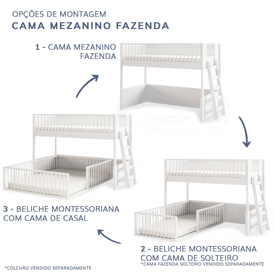 Beliche Infantil Montessoriana Com Cama de Casal Fazenda - Branco