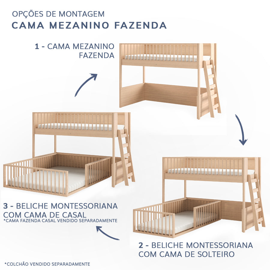 Beliche Infantil Montessoriana Com Cama de Solteiro Fazenda - Carvalho