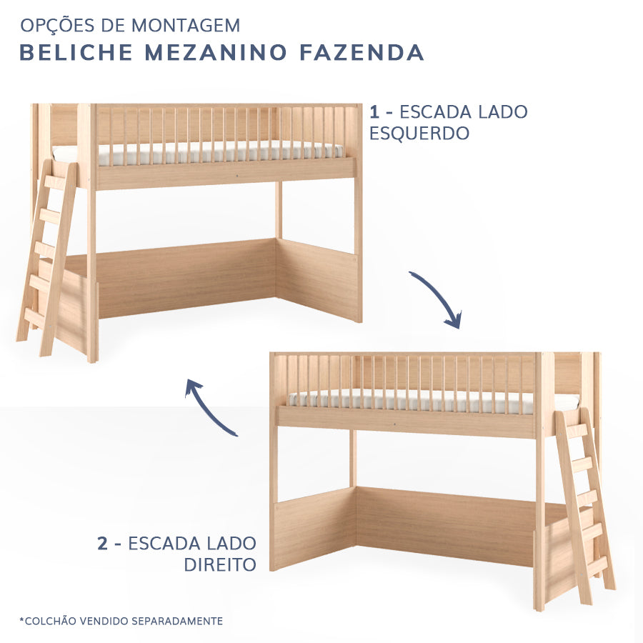 Beliche Infantil Montessoriana Com Cama de Solteiro Fazenda - Carvalho