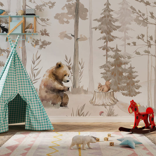 Papel de Parede Infantil Urso na Floresta Bege - Mural