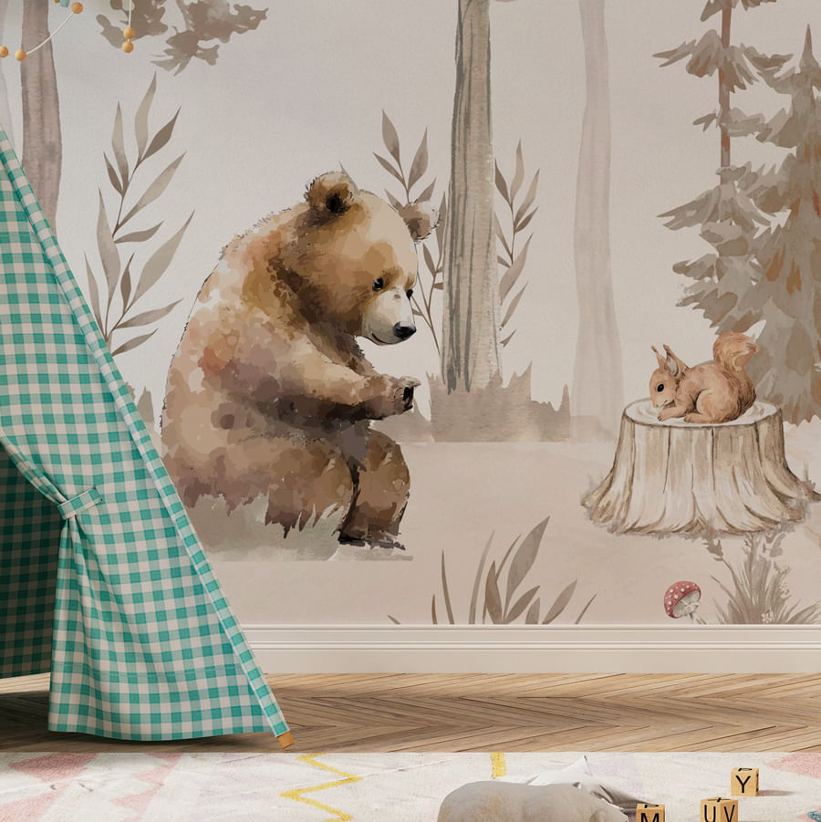 Papel de Parede Infantil Urso na Floresta Bege - Mural