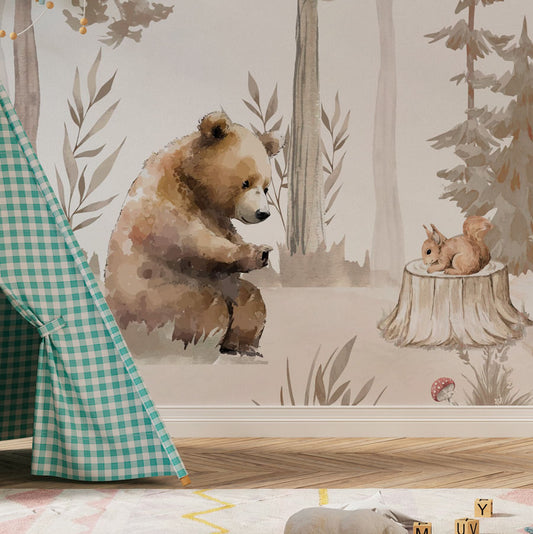 Papel de Parede Infantil Urso na Floresta Bege - Mural