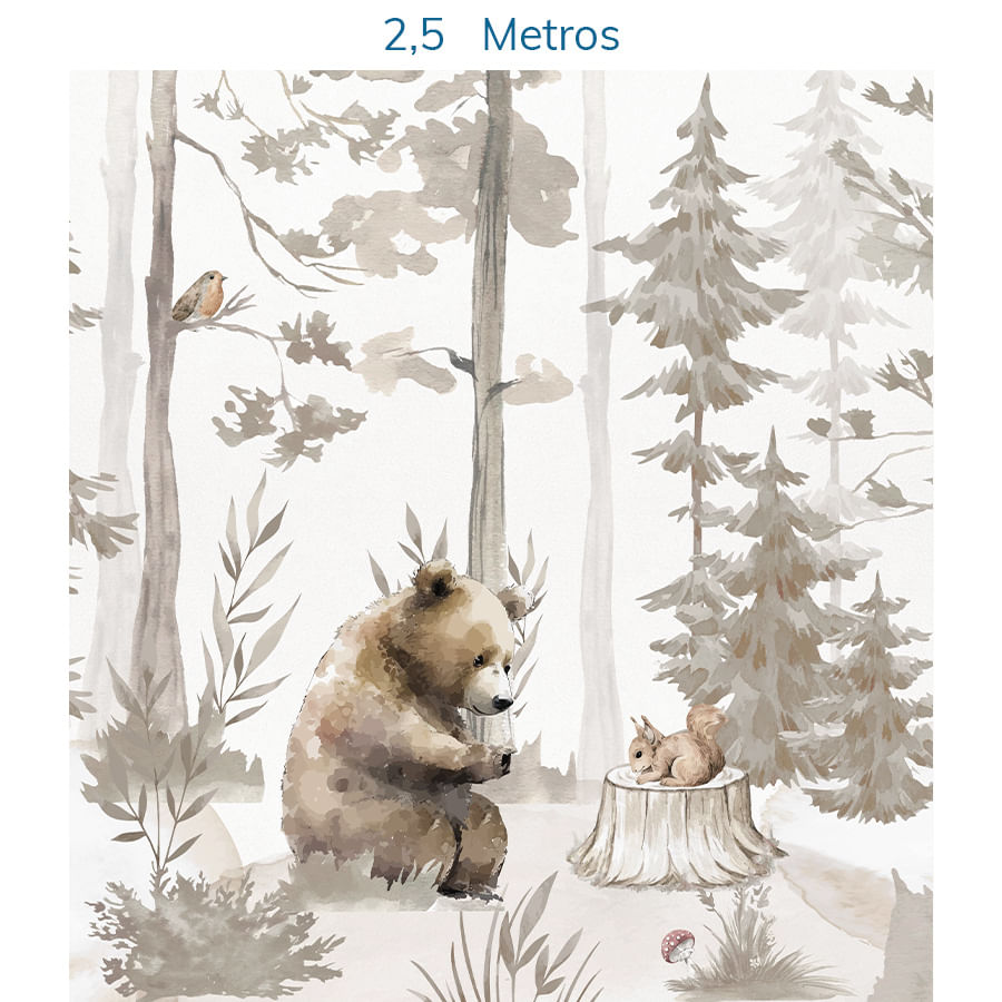 Papel de Parede Infantil Urso na Floresta Bege - Mural