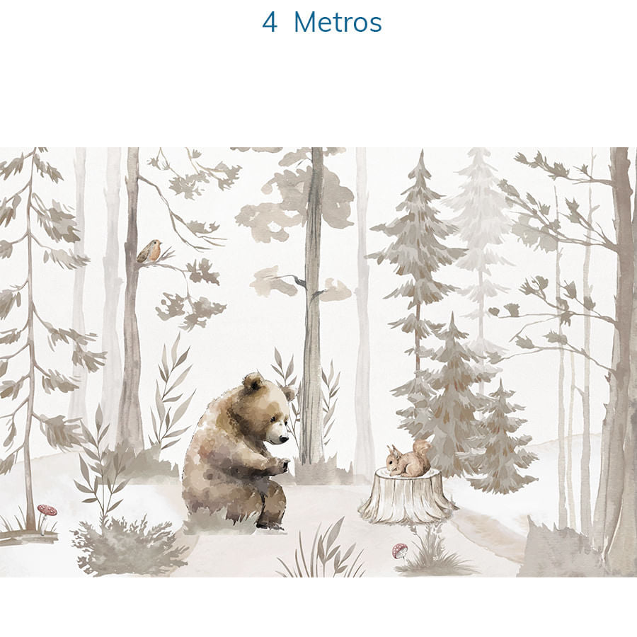 Papel de Parede Infantil Urso na Floresta Bege - Mural