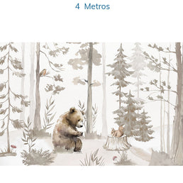 Papel de Parede Infantil Urso na Floresta Bege - Mural