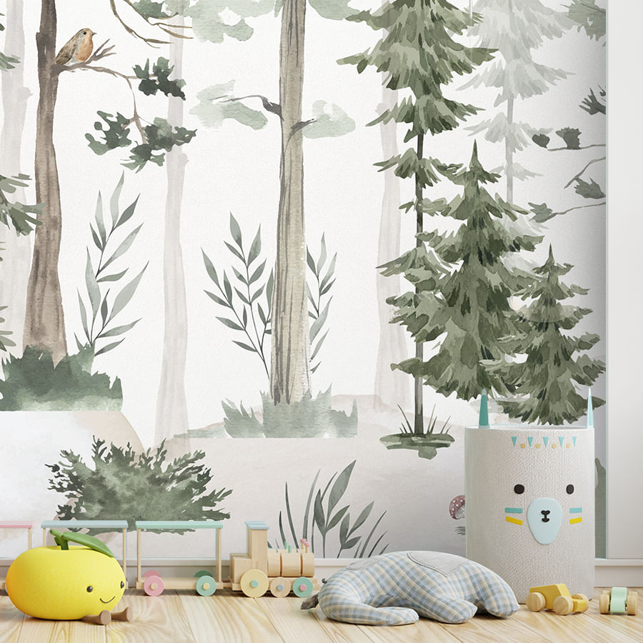 Papel de Parede Infantil Árvores Aquarela Verde - Mural