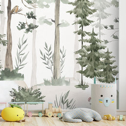 Papel de Parede Infantil Árvores Aquarela Verde - Mural