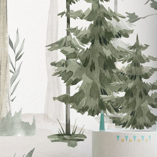 Papel de Parede Infantil Árvores Aquarela Verde - Mural