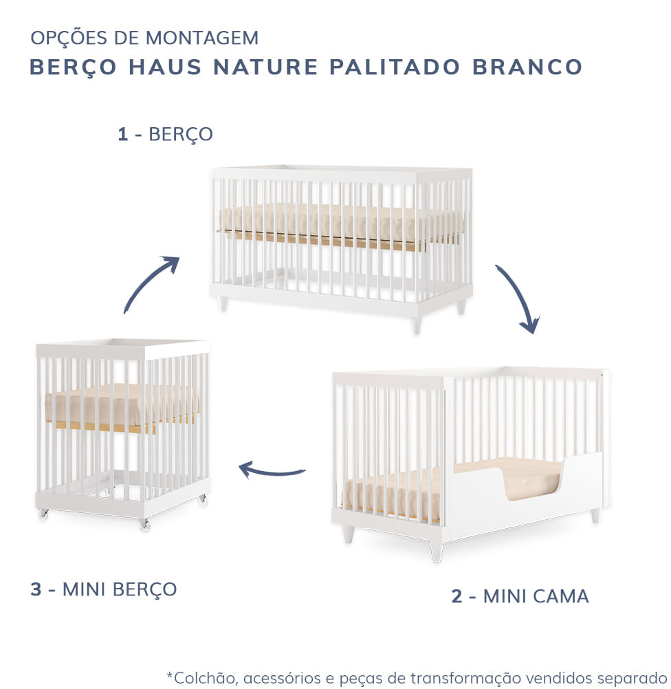 Berço Haus Nature 3 em 1 Palitado - Branco