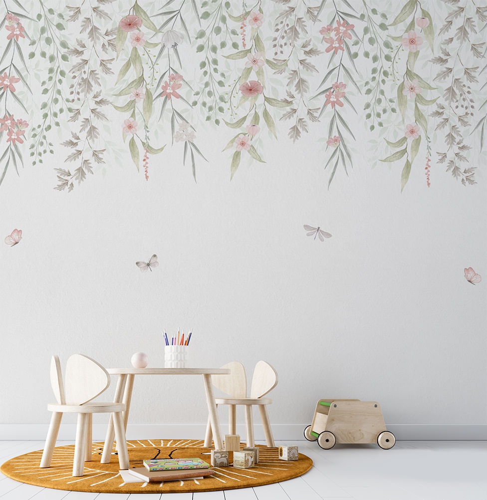 Papel de Parede Infantil Jardim Suspenso do Outono Rosa - Mural