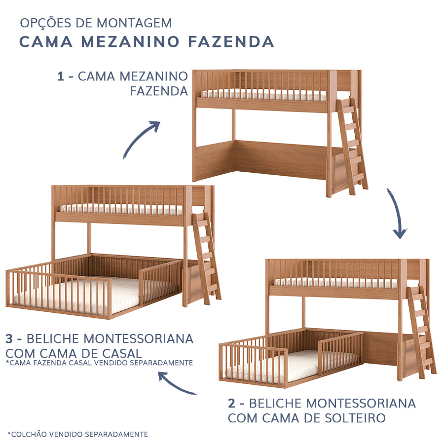 Beliche Infantil Montessoriana Com Cama de Solteiro Fazenda - Freijó