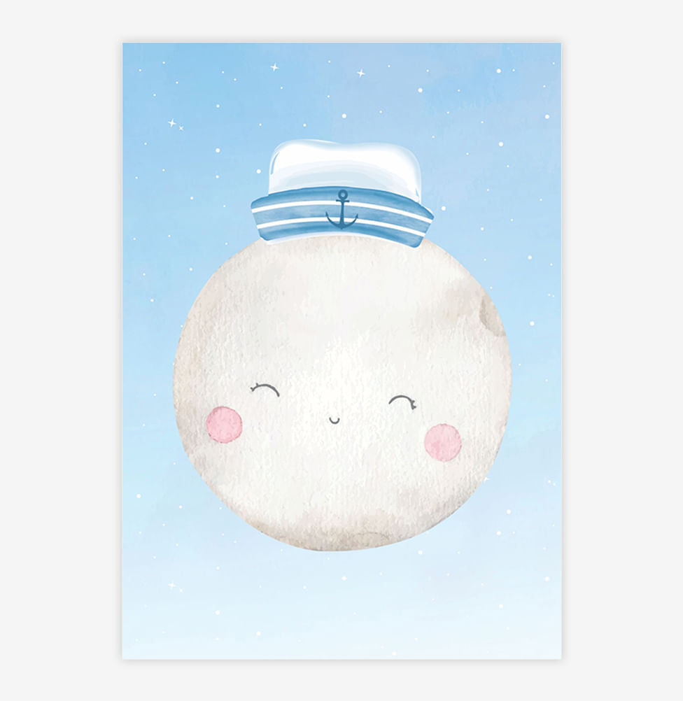 Quadro Infantil Lua Aquarela Com Chapéu Azul - Vertical