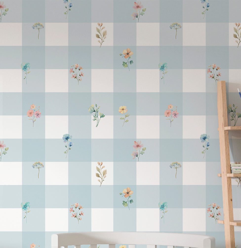 Papel de Parede Infantil Xadrez Azul Com Flores Paris