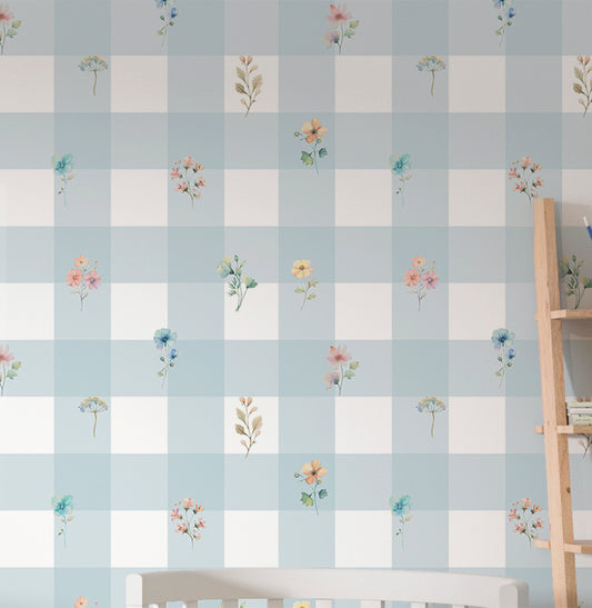 Papel de Parede Infantil Xadrez Azul Com Flores Paris