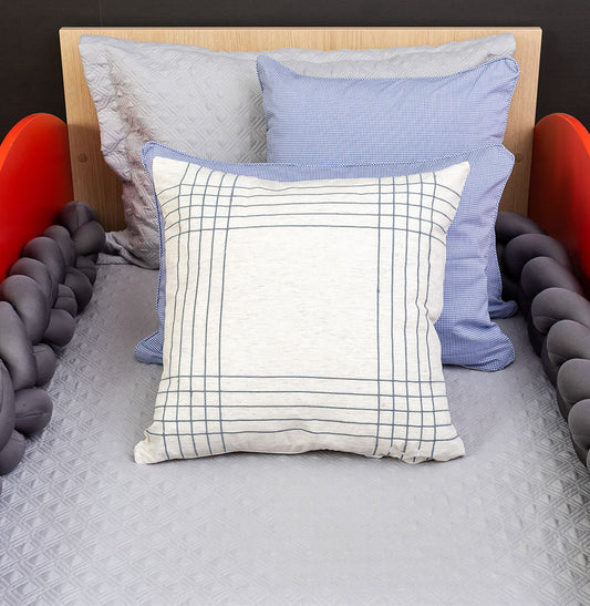 Capa de Almofada Linho Bordado Xadrez - Azul Jeans 50x50cm