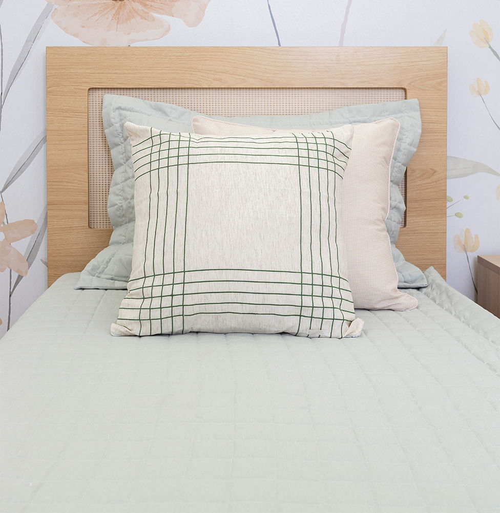 Capa de Almofada Linho Bordado Xadrez - Verde Seco 50x50cm