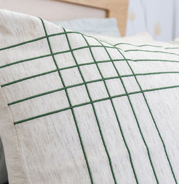 Capa de Almofada Linho Bordado Xadrez - Verde Seco 50x50cm